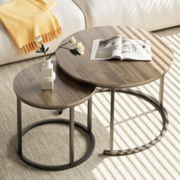 Huhote Two Piece Nesting Round Side Tables With Black Metal Frame And Oak Top Diameter 23.6 And 15.7 Inches - thumbnail 2