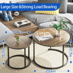 Huhote Two Piece Nesting Round Side Tables With Black Metal Frame And Oak Top Diameter 23.6 And 15.7 Inches - thumbnail 3