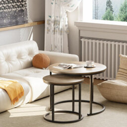 Huhote Two Piece Nesting Round Side Tables With Black Metal Frame And Oak Top Diameter 23.6 And 15.7 Inches - thumbnail 4