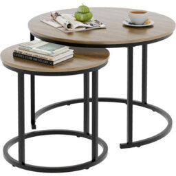 Huhote Two Piece Nesting Round Side Tables With Black Metal Frame And Oak Top Diameter 23.6 And 15.7 Inches