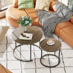 Huhote Two Piece Nesting Round Side Tables With Black Metal Frame And Oak Top Diameter 23.6 And 15.7 Inches - thumbnail 8