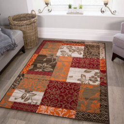 Loomed Red Terracotta Brown Floral Patchwork Living Room Rug 120X170Cm - thumbnail 2