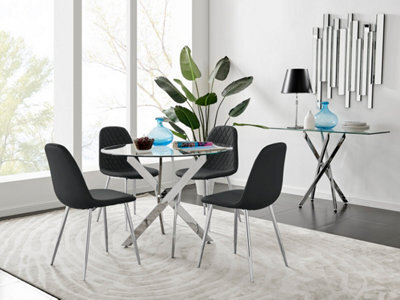 Furniturebox Novara Clear Tempered Glass 100Cm Round Dining Table With Chrome Starburst Legs & 4 Black Corona Faux Leather Chairs - image 1