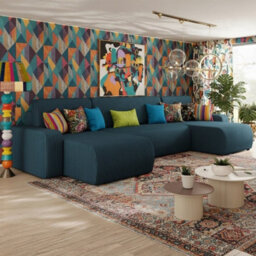 Piano U Shape Corner Sofa Bed Soft Corduroy Fabric Settee Has Sleep Function Storage Large 3 Seater Blue