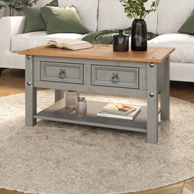 Mews Corona Grey Coffee Table 2 Drawer Mexican Occasional Solid Pine Wood - image 1