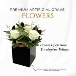 Premium Artificial Grave Flowers - Cream Open Roses With Eucalyptus (25Cm) Memorial Vase Pot - thumbnail 2