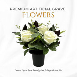 Premium Artificial Grave Flowers - Cream Open Roses With Eucalyptus (25Cm) Memorial Vase Pot
