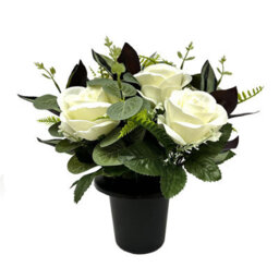 Premium Artificial Grave Flowers - Cream Open Roses With Eucalyptus (25Cm) Memorial Vase Pot - thumbnail 3