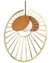 Wyld and Coco Novalux Gold Pendant Lamp With Light Wood Accents, Round Clear Glass Shade, Adjustable Height - thumbnail 1