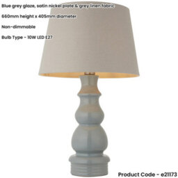 Loops Blue Grey Glaze & Satin Nickel Plate Table Lamp - Grey Linen Fabric - 660mm Tall Light - thumbnail 2