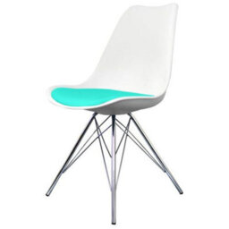Fusion Living Soho White And Aqua Blue Plastic Dining Chair With Chrome Metal Legs