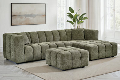 Sage Green Chenille Fabric Right Hand Facing Corner Sofa With Ottoman Lugano