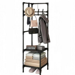 Corner Coat Stand Metal Clothes Hanging Rack With 2 Shelves - thumbnail 1