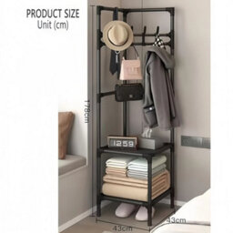 Corner Coat Stand Metal Clothes Hanging Rack With 2 Shelves - thumbnail 2