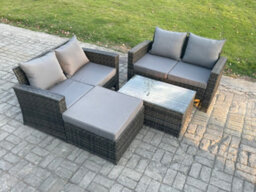 Fimous Wicker Rattan Garden Furniture Sofa Set With Coffee Table Double Seat Sofa Big Footstool 5 Seater Outdoor Rattan Set - thumbnail 2