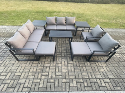 Fimous Aluminium Outdoor Garden Furniture Lounge Sofa Chairs Coffee Table Sets With 2 Side Tables 2 Big Footstool Dark Grey - image 1