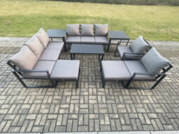 Fimous Aluminium Outdoor Garden Furniture Lounge Sofa Chairs Coffee Table Sets With 2 Side Tables 2 Big Footstool Dark Grey