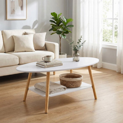 2 Tiers White Oval Coffee Table Living Room Side Table Home Furniture - image 1