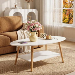 2 Tiers White Oval Coffee Table Living Room Side Table Home Furniture - thumbnail 3