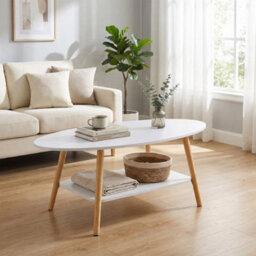 2 Tiers White Oval Coffee Table Living Room Side Table Home Furniture - thumbnail 1