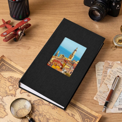 Living And Home 300 Pocket Photo Album Black Linen Hardcover Window Design Memory Storage Book - image 1