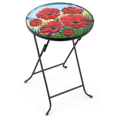 Folding Glass Table Garden Outdoor Patio Decoration Painted Round Top Christow Poppy - image 1