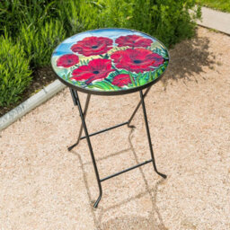 Folding Glass Table Garden Outdoor Patio Decoration Painted Round Top Christow Poppy - thumbnail 2