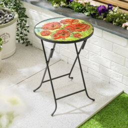 Folding Glass Table Garden Outdoor Patio Decoration Painted Round Top Christow Poppy - thumbnail 7