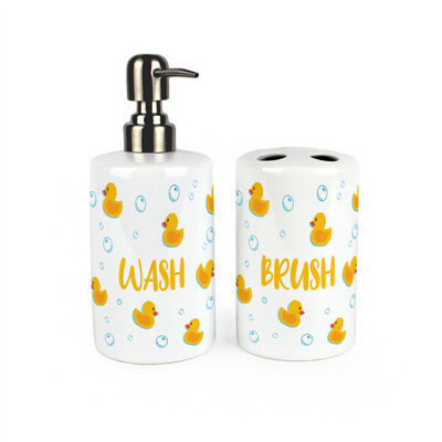 Purely Home Rubber Ducks Bathroom Set - Refillable Ceramic Soap Dispenser & Toothbrush Holder - image 1