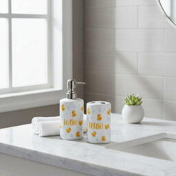 Purely Home Rubber Ducks Bathroom Set - Refillable Ceramic Soap Dispenser & Toothbrush Holder - thumbnail 2