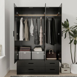 Urbn-Living Urbnliving 180Cm Height Black 3 Door 4 Drawer Wardrobe Storage Shelf Modern Bedroom Furniture - thumbnail 3
