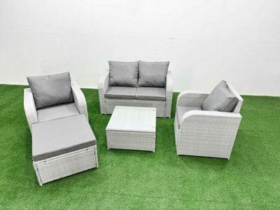 Fimous Light Grey Pe Wicker Rattan Garden Furniture Set Sofa Set Reclining Adjustable Chair Square Coffee Table 5 Seater Footstool - image 1
