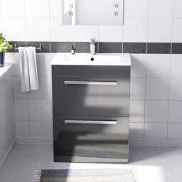 Nes Home Dark Grey 600mm Floorstanding 2 Drawer Vanity Slim Basin Unit - thumbnail 1