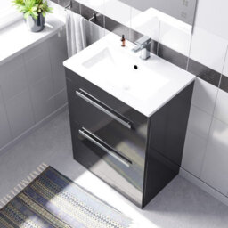 Nes Home Dark Grey 600mm Floorstanding 2 Drawer Vanity Slim Basin Unit - thumbnail 2