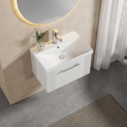 Balterley Belvide Partial Fluted 1 Drawer Wall Hung Vanity Unit With 1 Tap Hole Curved Basin- 600mm - Satin White - thumbnail 3