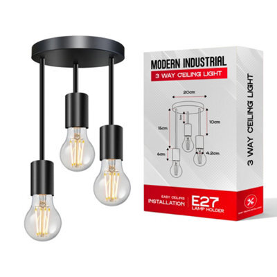 Industrial 3-Way Light Semi Flush Mount Ceiling Light Fixture Metal Black E27 Pendant Lamp For Living Room Dining Room - image 1