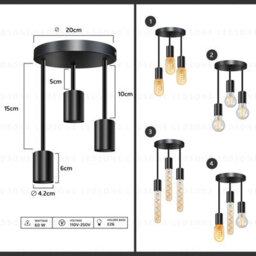 Industrial 3-Way Light Semi Flush Mount Ceiling Light Fixture Metal Black E27 Pendant Lamp For Living Room Dining Room - thumbnail 2