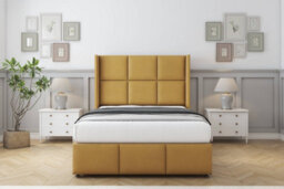 "Sloomy Beaumont Mustard Plush Divan Bed Base No Drawers - 54"" Wingback Headboard & 12"" Footboard 4' Small Double" - thumbnail 2