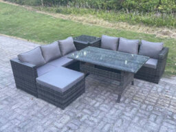 Fimous Pe Wicker Outdoor Garden Furniture Set Patio Rattan Rectangular Dining Table Lounge Sofa With Big Footstool Side Table - thumbnail 1