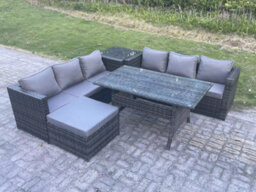 Fimous Pe Wicker Outdoor Garden Furniture Set Patio Rattan Rectangular Dining Table Lounge Sofa With Big Footstool Side Table - thumbnail 2