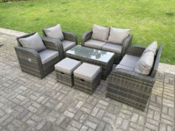Fimous 8 Seater Dark Grey Pe Rattan Garden Furniture Set Reclining Chair 2 Seater Love Sofa Set Coffee Table Stools - thumbnail 1