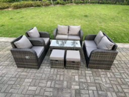 Fimous 8 Seater Dark Grey Pe Rattan Garden Furniture Set Reclining Chair 2 Seater Love Sofa Set Coffee Table Stools - thumbnail 2