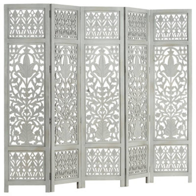 Berkfield Hand Carved 5-Panel Room Divider Grey 200X165 Cm Solid Mango Wood - image 1