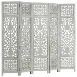Berkfield Hand Carved 5-Panel Room Divider Grey 200X165 Cm Solid Mango Wood - thumbnail 1