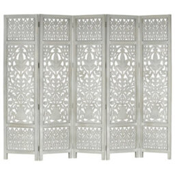 Berkfield Hand Carved 5-Panel Room Divider Grey 200X165 Cm Solid Mango Wood - thumbnail 2