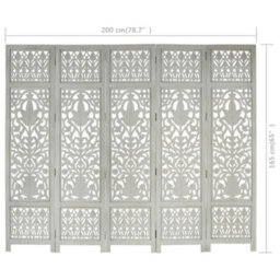 Berkfield Hand Carved 5-Panel Room Divider Grey 200X165 Cm Solid Mango Wood - thumbnail 6