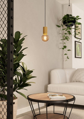 Eglo Pozueta 1 Pendant Light, Black Steel & Wood Detail, E27 Fitting, Slim 65mm Indoor Pendant - image 1