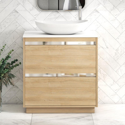 Royal Bathrooms Orion 800mm Natural Oak Floor Standing Plain White Countertop Vanity Unit 2 Drawer With Cesar Basin & Chrome Accent Trim - image 1
