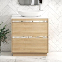 Royal Bathrooms Orion 800mm Natural Oak Floor Standing Plain White Countertop Vanity Unit 2 Drawer With Cesar Basin & Chrome Accent Trim - thumbnail 2