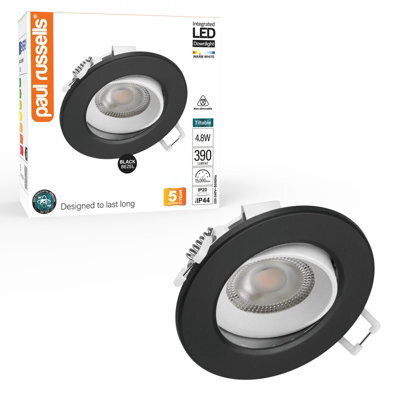 Paul Russells Led Downlight Black Non-Dimmable Tilt Recessed Ceiling Spotlight 4.8W 390 Lumens, Ip44, Warm White 3000K Pack Of 1 - image 1